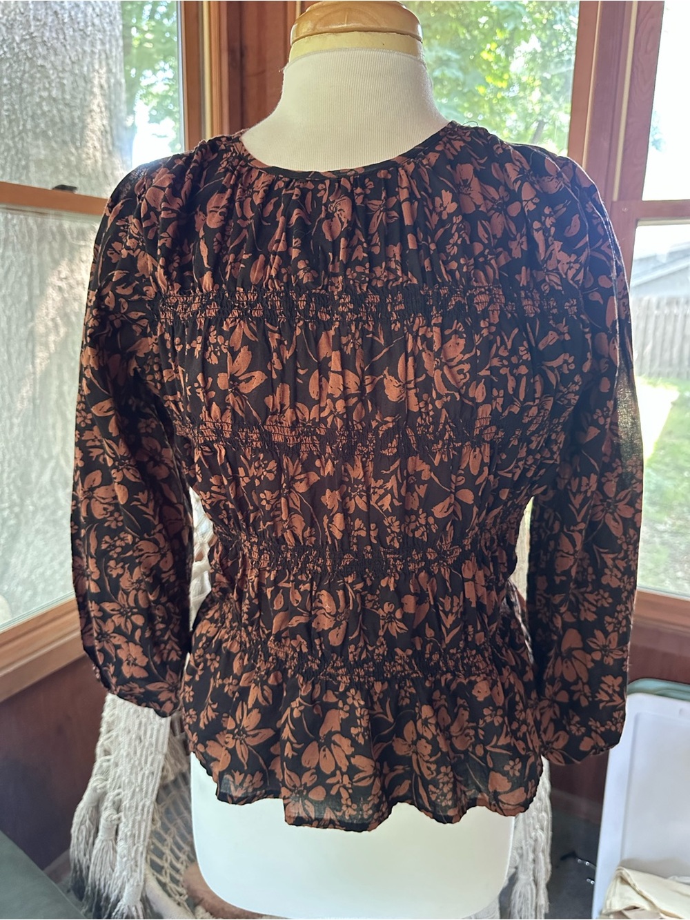 Smocked Floral Long-Sleeve Peplum Top - Black & Rust